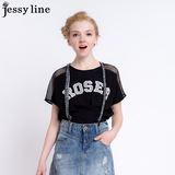 jessy line2016夏装新款 杰茜莱字母拼贴网纱镂空短袖T恤 女上衣