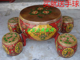 中式彩绘鼓桌鼓凳做旧鼓茶几实木牛皮藏式大鼓圆茶几圆桌茶台茶桌
