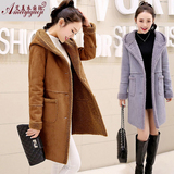 2015冬季新款韩版麂皮绒中长款加绒大衣连帽加厚保暖外套棉衣女潮