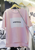 韩国代购春夏新款韩版T恤女短袖前短后长粉色学生上衣时尚甜美潮