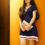 CTZ+ 韩国代购超复古英伦学院风红白蓝条纹蝴蝶结针织短袖连衣裙