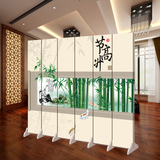 竹子油画布屏风隔断 玄关装饰中式时尚客厅卧室移动折屏实木框架