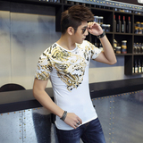 夏季短袖t恤男圆领金龙纹身图案紧身 潮男半袖中国风个性印花衣服