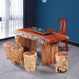 巴花大板实木茶桌原木自然边茶几根雕功夫泡茶桌椅组合红木茶台