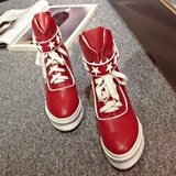 韩版10CM坡跟内增高系带魔术贴真皮休闲松糕女鞋秋款单靴短靴红色