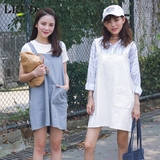 LRUD2016夏季新款韩版纯色简约背带裙女学院风口袋百搭休闲连衣裙
