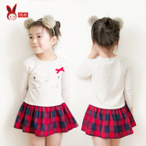 【晓希】2016新款童装春装儿童女童韩版毛衣针织衫格子连衣裙子