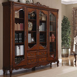 美式实木书柜简易雕花四门柜客厅收纳柜欧式玻璃门书柜带抽储物柜