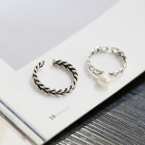 韩国流行复古编织麻绳珍珠开口戒指女 S925纯银时尚银饰 生日礼物