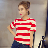 2016夏季红色横条纹短袖T恤女新款韩版宽松休闲体恤学生bf打底衫