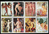 1974年几内亚比绍邮票，8连票，世界人体艺术裸女油画绘画 集邮