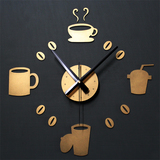 时尚创意亚克力DIY金色咖啡杯挂钟表客厅静音时钟DIY装饰墙壁钟表