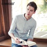 Simwood男装 男士衬衫春季欧美条纹牛仔衬衣立领修身纯棉长袖