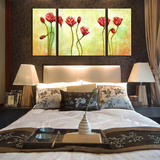 新品 纯手绘油画 客厅沙发背景 卧室床头装饰壁画 抽象花卉三拼画