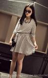 春夏新款2016韩版修身显瘦 竖条纹系腰带中袖雪纺连衣裙 超好质量