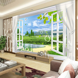 3D立体壁纸壁画窗外绿色大自然风景客厅卧室沙发电视背景墙纸墙布