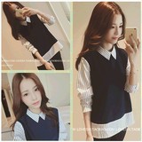 冬季新款韩版显瘦条纹衬衫加绒加厚打底衫学院风衬衣假两件上衣女