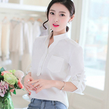 蕾可妮斯2016夏装新款百搭女白衬衫韩版长袖大码开衫休闲立领衬衣