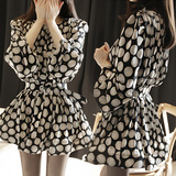 韩国代购2016春夏新款高端黑白波点中裙子长袖大码雪纺蓬蓬连衣裙