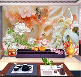 中式3D玉雕壁画立体牡丹花孔雀壁纸浮雕花开富贵背景墙纸无缝墙布