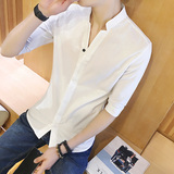 夏季男装纯色中袖衬衣男士潮流韩版修身七分袖衬衫青少年短袖寸衫