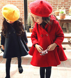 韩国代购2016冬装新款女童毛呢大衣外套中长款亲子加厚双排扣风衣