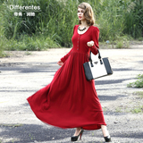 通勤长袖连衣裙 新款秋冬气质女裙 圆领休闲时尚红色长裙