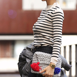 韩国代购2015年秋季冬装新款女装半高领条纹修身显瘦打底衫针织衫