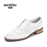 Westlink西遇2016春季新款 学院风布洛克真皮系带平底女小白鞋