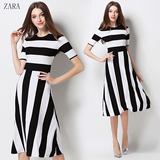 ZARA欧洲站2016夏装新款修身显瘦中长款条纹连衣裙女装大码打底裙