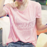 韩国代购宽松大码夏季女装圆领粉色短袖t恤女竹节棉字母上衣学生