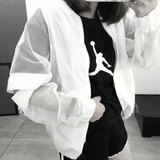2016夏季新款韩版宽松拼接长袖防晒衣女学生韩国棒球服白色薄外套
