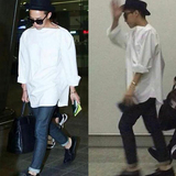 BIGBANG权志龙同款衬衫 韩版宽松一字领长袖纯色套头衬衣男女同款