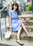 韩版新款H型连衣裙女2016夏精品女装v领无袖条纹单件系带中长裙