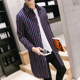 秋装韩版男士长款方领长袖衬衫修身青年条纹中长款简约外套男衬衫