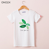 ONOZA夏天新款短袖卡通圆领T恤女 小绿叶可爱简约百搭印花白色体