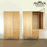 日式实木两门复古衣柜美式橡木做旧平开门衣柜 带镜面大衣柜定制