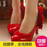礼服红鞋蕾丝高跟红色女单鞋结婚红鞋敬酒鞋花朵防水台新娘鞋婚鞋