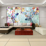 创意定制手绘动物壁纸彩色梅花鹿客厅电视背景墙墙布卧室大型壁画