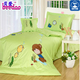 床用品儿童全棉四件套卡通小熊贴布绣花图案绿色1.2米男孩子包邮