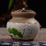 包邮粗陶中号茶叶罐创意青花陶瓷密封储物罐子绿茶茶叶包装盒