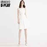 D－PLAY2016夏新欧美白色修身连衣裙优雅露腰A字裙无袖小白裙礼服