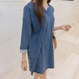 韩国代购2015SEP新秋季女装超宽松纯色侧口袋拉链牛仔长袖连衣裙