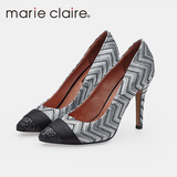 Marie Claire/MC 黑白条纹经典百搭拼色尖头细跟高跟鞋秋季新品