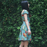 2015夏季新款 复古气质一字领连衣裙 少女清新蓬蓬短裙蓝色裙显瘦