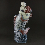 青花釉里红 富贵鲤鱼童子纹雕塑瓷 明代古瓷器 收藏古玩