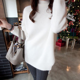 2015冬季新品减龄显瘦开叉白色中长款宽松套头半高领针织衫毛衣女