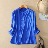 2016新款春装欧美真丝绸缎七分袖宝蓝色衬衣女宽松大码衬衫