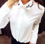 女长袖白2016学生韩版新款显瘦棉麻防晒衬衫刺绣花领清新衬衣寸衫