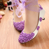 多彩演出紫色蕾丝带鞋拍照鞋婚宴新娘鞋白色高跟伴娘鞋平底单鞋女